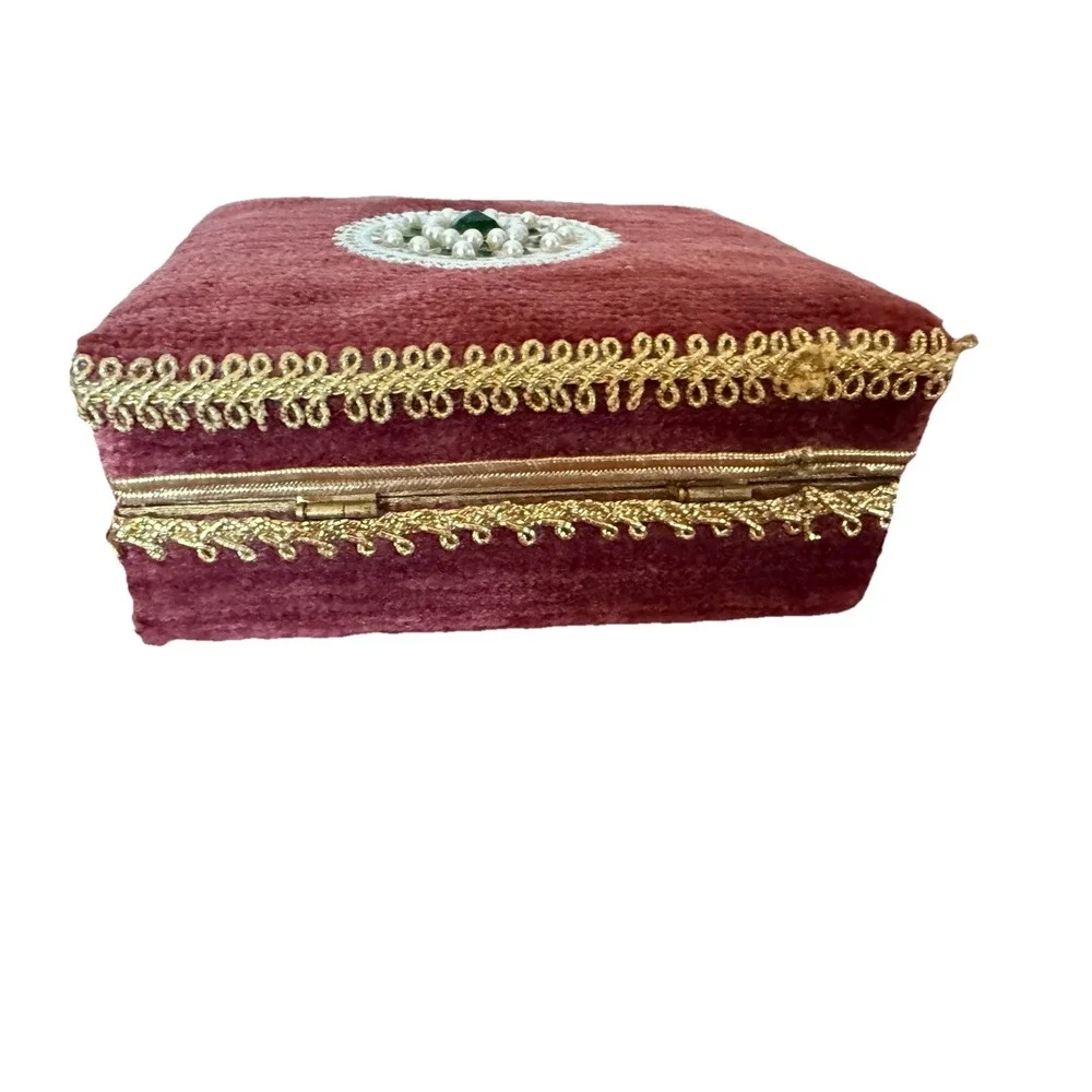 Burgundy Velvet  Embellished Jewelry Box with Gold Floral Accent 4.5x4x2